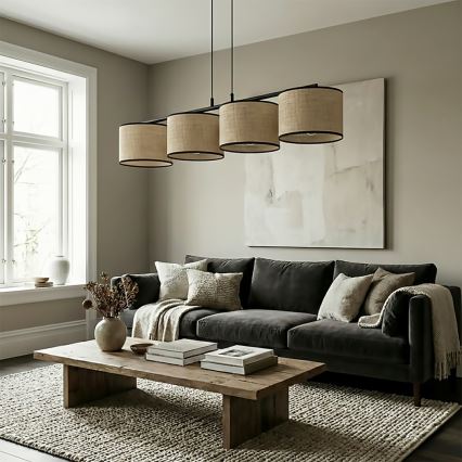 Pakabinamas šviestuvas su laidu ECO 4xE27/15W/230V, smėlio spalvos / rotangas