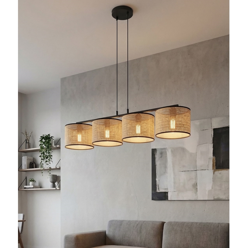Pakabinamas šviestuvas su laidu ECO 4xE27/15W/230V, smėlio spalvos / rotangas