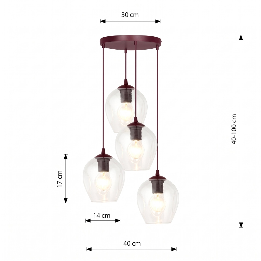 Pakabinamas šviestuvas su laidu ISTAR 4xE27/15W/230V Ø 40 cm raudonas/skaidrus