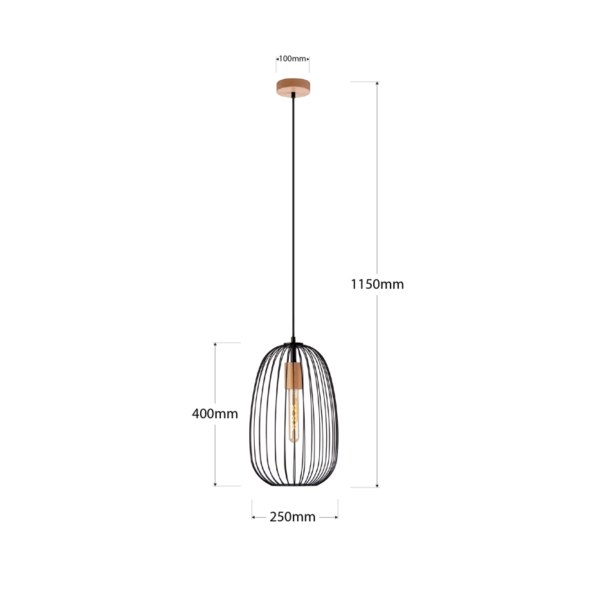 Pakabinamas šviestuvas su laidu OVELLA 1xE27/15W/230V, skersmuo 25 cm, juoda/pušis