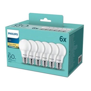 PAKUOTĖ 6x LED lemputės Philips A60 E27/8W/230V 2,700K