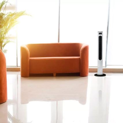 Pastatomas vertikalus ventiliatorius su temperatūros indikatoriumi ir nuotolinio valdymo pultu 55W/230V