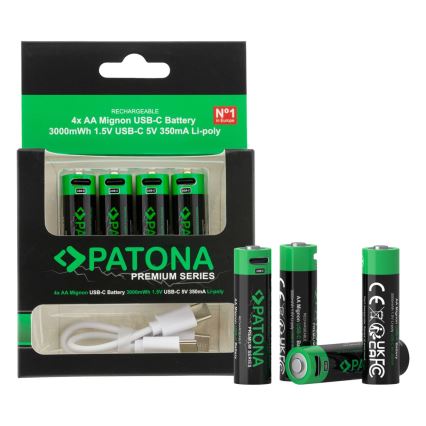 PATONA - KOMPLEKTAS 4x Akumuliatorius AA/LR6 Li-Pol 2000mAh 1,5Vs Su USB-C įkrovimas