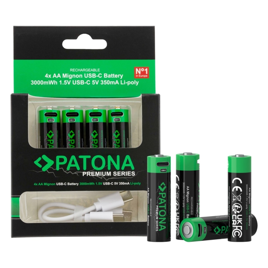 PATONA - KOMPLEKTAS 4x Akumuliatorius AA/LR6 Li-Pol 2000mAh 1,5Vs Su USB-C įkrovimas