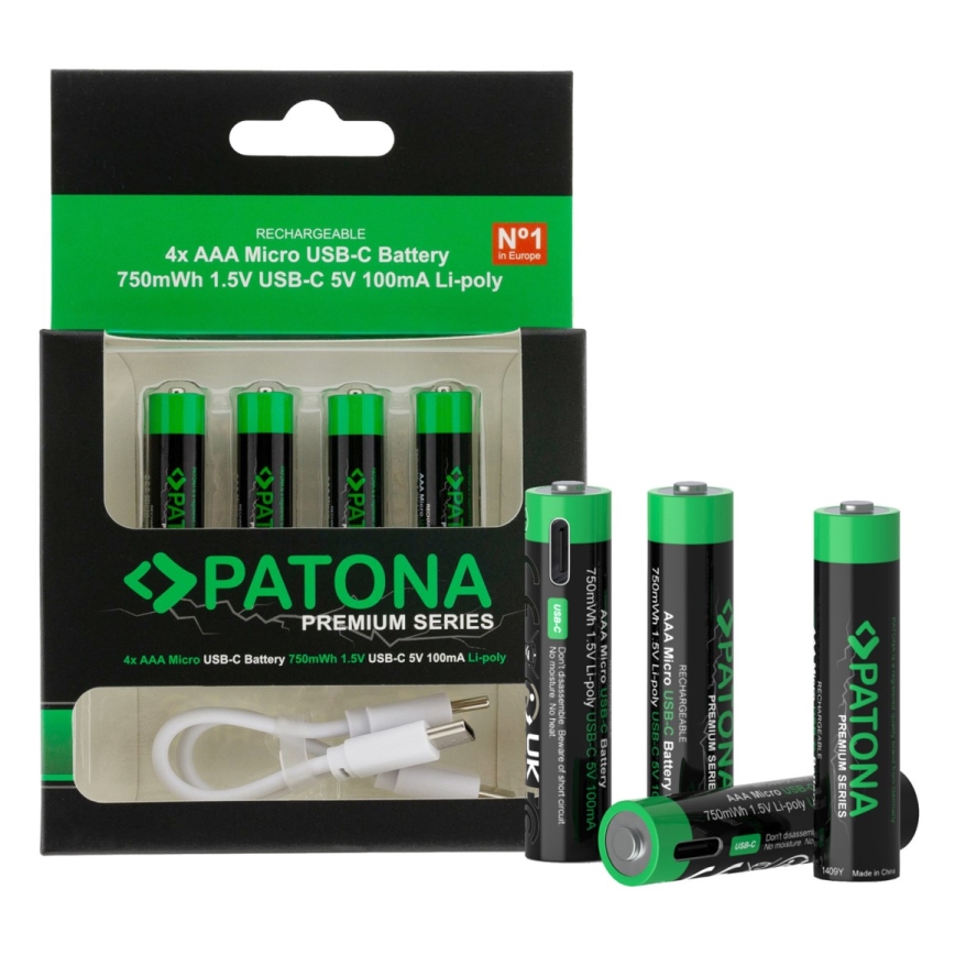 PATONA - KOMPLEKTAS 4x Akumuliatorius AAA/LR03 Li-Pol 500mAh 1,5V Su USB-C įkrovimas