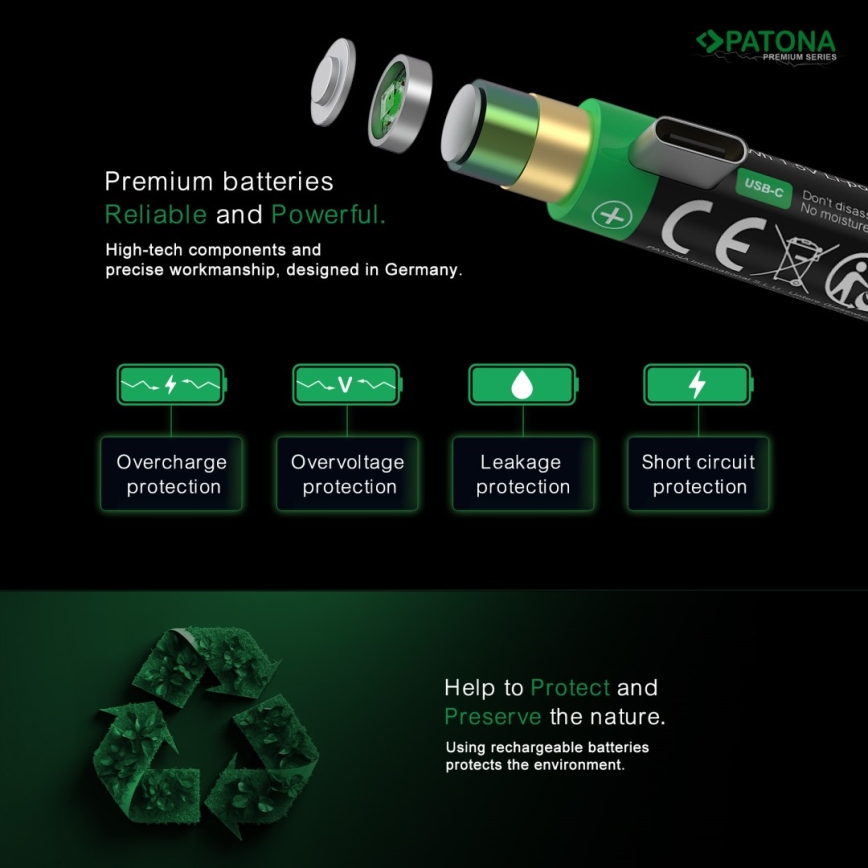 PATONA - KOMPLEKTAS 4x Akumuliatorius AAA/LR03 Li-Pol 500mAh 1,5V Su USB-C įkrovimas