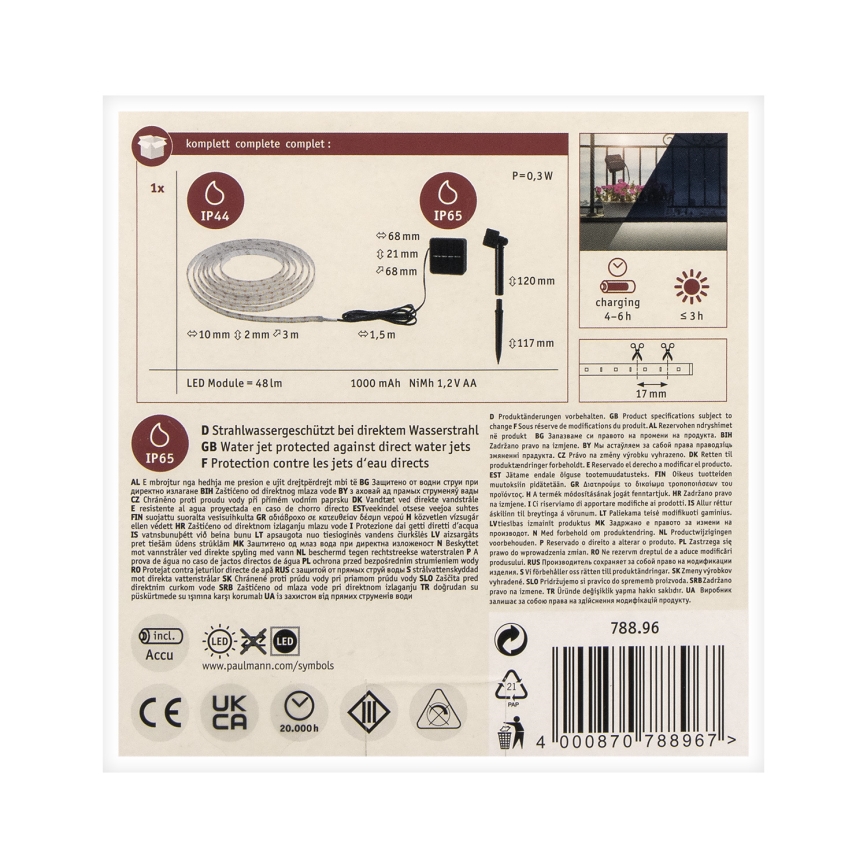 Paulmann 78896 - LED/0,3W IP44 Saulės juostelė 3m 1,2V 1000 mAh