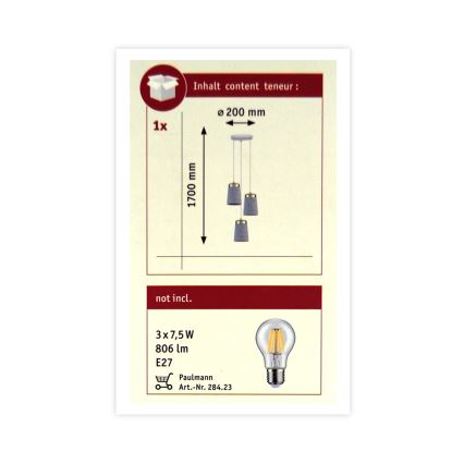 Paulmann 79627 - Sietynas, kabinamas ant virvės NORELL 3xE27/20W/230V