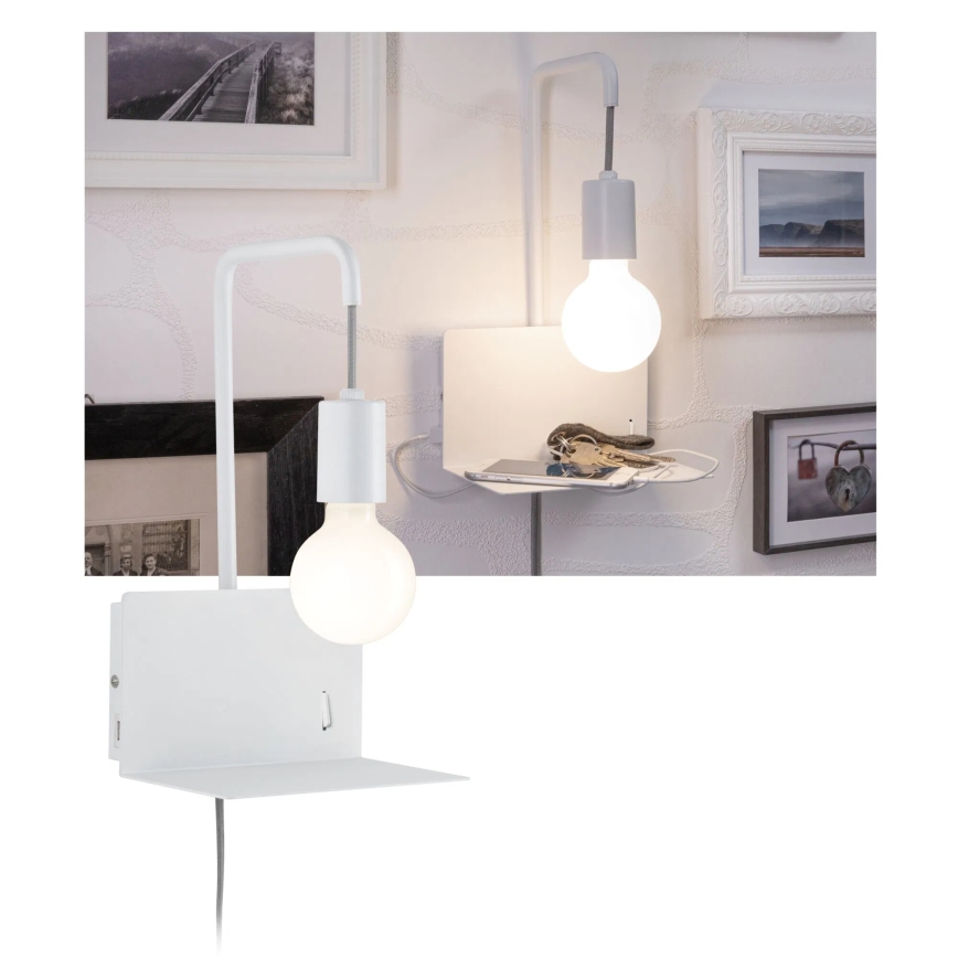 Paulmann 79812 - 1xE27/40W Sieninis šviestuvas su lentynėle ir USB CALVANI 230V baltas