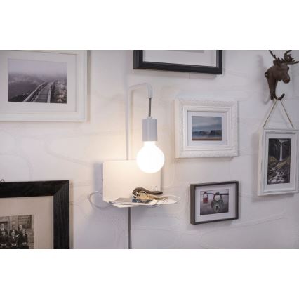 Paulmann 79812 - 1xE27/40W Sieninis šviestuvas su lentynėle ir USB CALVANI 230V baltas