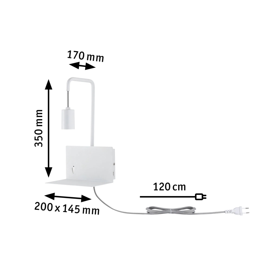 Paulmann 79812 - 1xE27/40W Sieninis šviestuvas su lentynėle ir USB CALVANI 230V baltas
