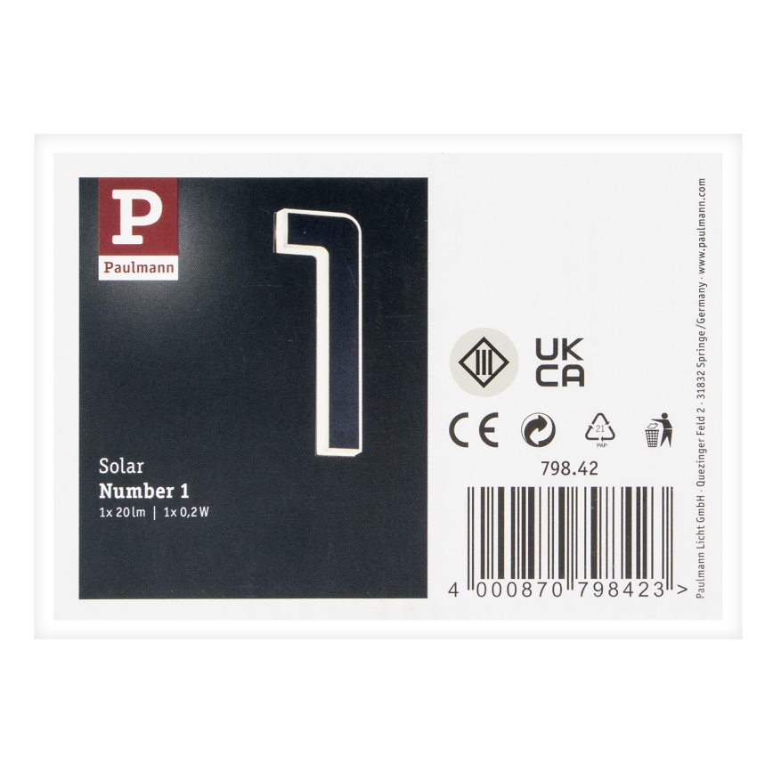 Paulmann 79842 - LED/0,2W IP44 Saulės energijos namo numeris 1,2V 1500 mAh