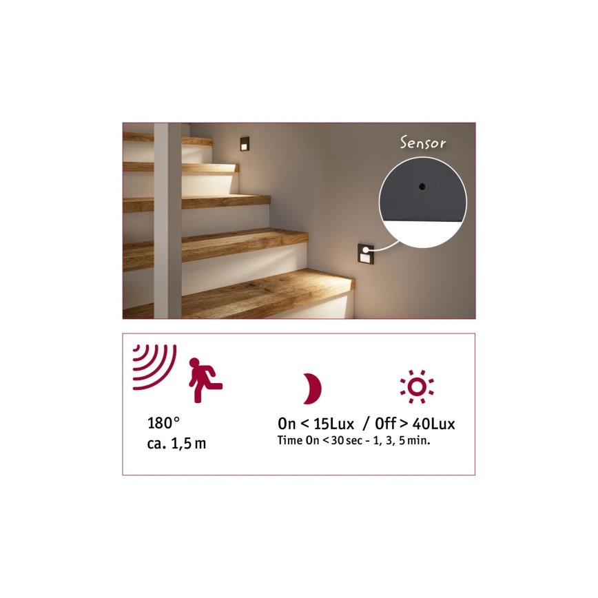 Paulmann 80004 - LED/1W Laiptinės šviestuvai su jutikliu TSARO 230V Lead/juoda