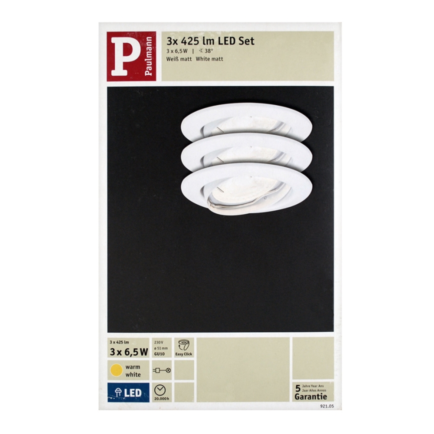 Paulmann 92105 - RINKINYS 3x LED-GU10/6,5W Įleidžiami lubiniai šviestuvai QUALITY LINE 230V