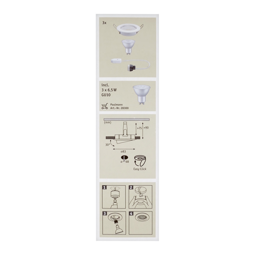 Paulmann 92105 - RINKINYS 3x LED-GU10/6,5W Įleidžiami lubiniai šviestuvai QUALITY LINE 230V
