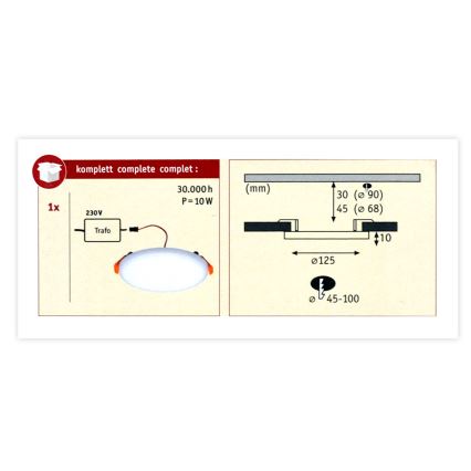 Paulmann 92388 - LED / 10W IP44 vonios įleidžiamas šviestuvas VARIFIT 230V