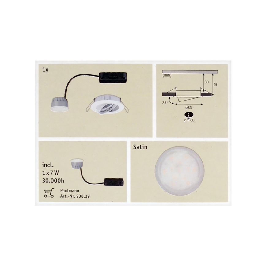 Paulmann 92830 - LED/7W IP23 Pritemdomas įleidžiamas lubinis vonios šviestuvas COIN 230V
