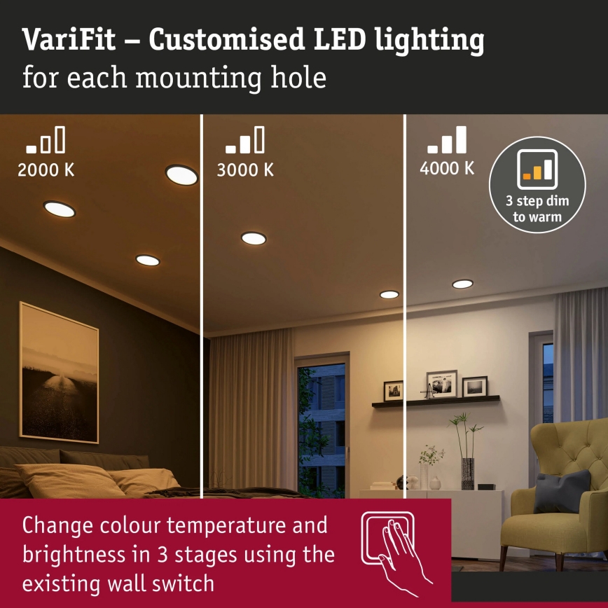 Paulmann 93102 - LED/16W IP44 dimeriuojamas vonios įleidžiamas šviestuvas AREO 230V 2000/3000/4000K skersmuo 23 cm juodas