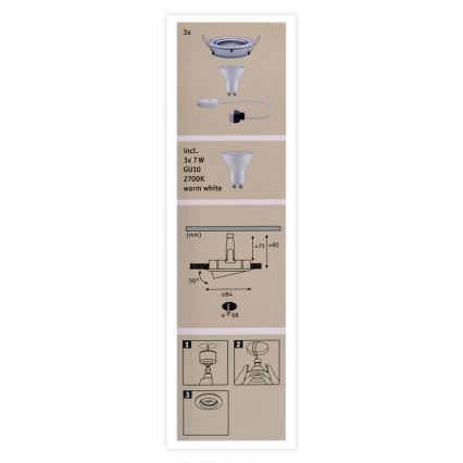 Paulmann 93607 - RINKINYS 3x LED GU10/7W IP23 Reguliuojamas vonios šviestuvas 230V