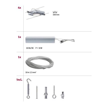 Paulmann 94107 - RINKINYS 4xLED/4,3W taškiniai šviestuvai kabelinei MAC sistemai, 230V, matinis chromas
