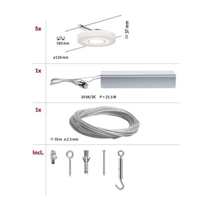 Paulmann 94109 - Komplektas 5xLED/4,3W Pilna MAC 230V vielinė apšvietimo sistema, balta