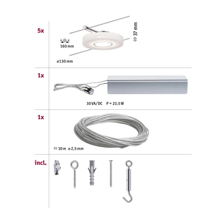 Paulmann 94109 - Komplektas 5xLED/4,3W Pilna MAC 230V vielinė apšvietimo sistema, balta