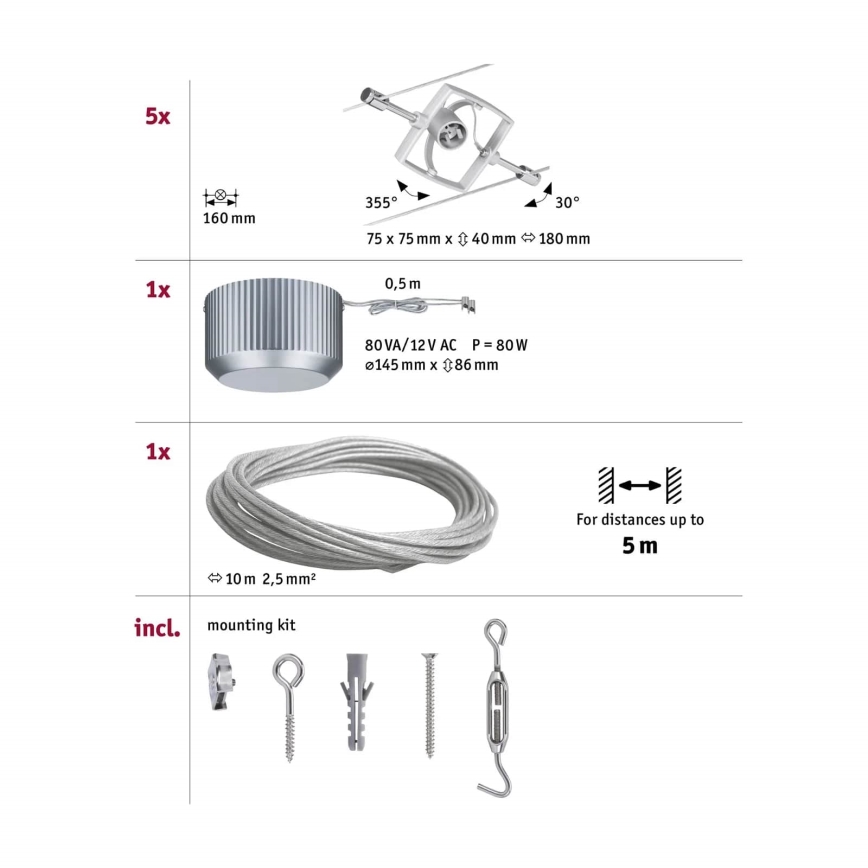 Paulmann 94133 – komplektas 5 × GU5.3/10 W, pilna MAC kabelinė apšvietimo sistema 230 V, matinis chromas