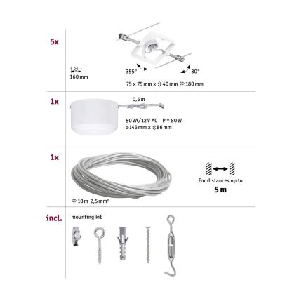 Paulmann 94134 - Rinkinys 5x GU5.3/10W, pilna MAC kabelinė sistema 230V, balta