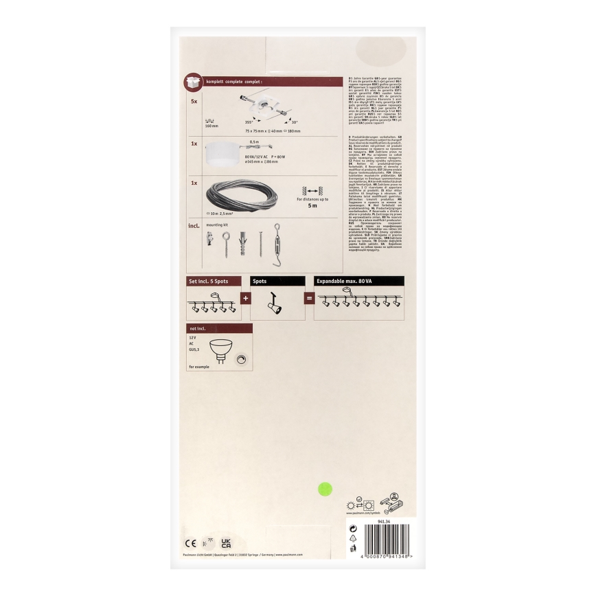 Paulmann 94134 - Rinkinys 5x GU5.3/10W, pilna MAC kabelinė sistema 230V, balta