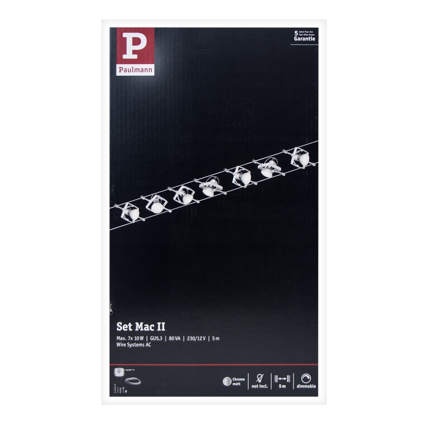 Paulmann 94152 - 7xGU5,3/10W komplektas, pilna MAC 230V kabelinė sistema, matinis chromas