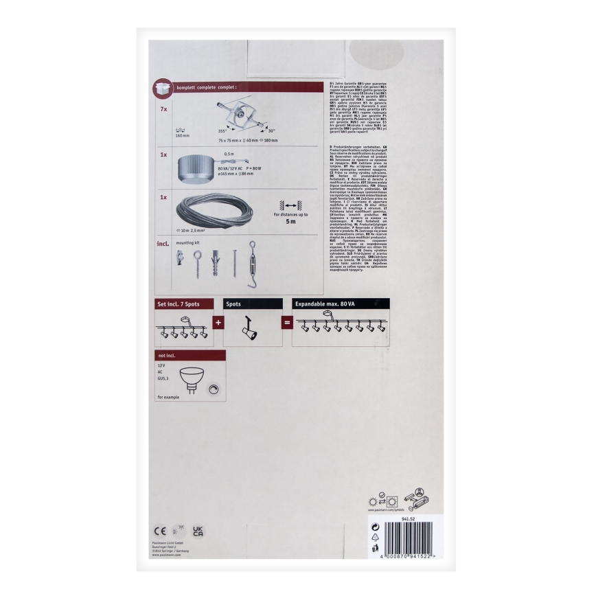 Paulmann 94152 - 7xGU5,3/10W komplektas, pilna MAC 230V kabelinė sistema, matinis chromas