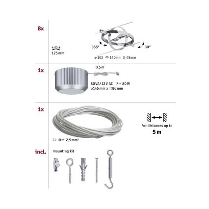 Paulmann 94153 - KOMPLEKTAS 8xGU5,3/10W Akcentinis apšvietimas - a string sistema CARDAN 230V