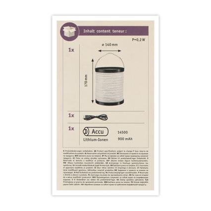 Paulmann 94169 - LED/0,2W IP44 Dekoratyvinis lauko šviestuvas MOBILE 3,7V 900 mAh