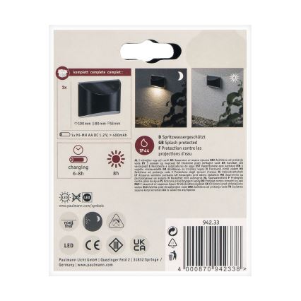 Paulmann 94233 - LED/0,05W IP44 Saulės energija įkraunamas sieninis šviestuvas ELLIOT 1,2V 400 mAh