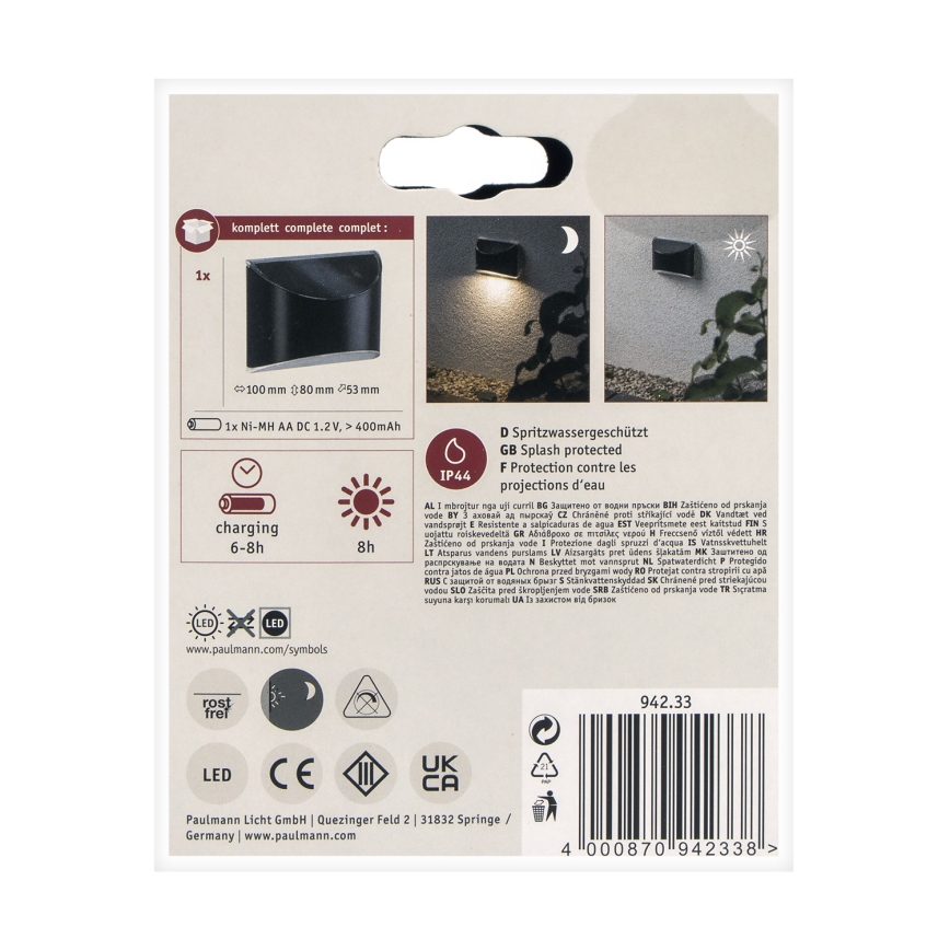 Paulmann 94233 - LED/0,05W IP44 Saulės energija įkraunamas sieninis šviestuvas ELLIOT 1,2V 400 mAh
