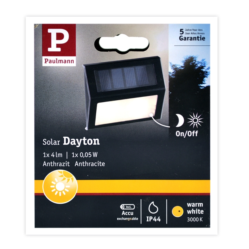 Paulmann 94234 - LED/0,05W IP44 Lauko šviestuvas, įkraunamas saulės energija su jutikliu DAYTON 1,2V 400 mAh
