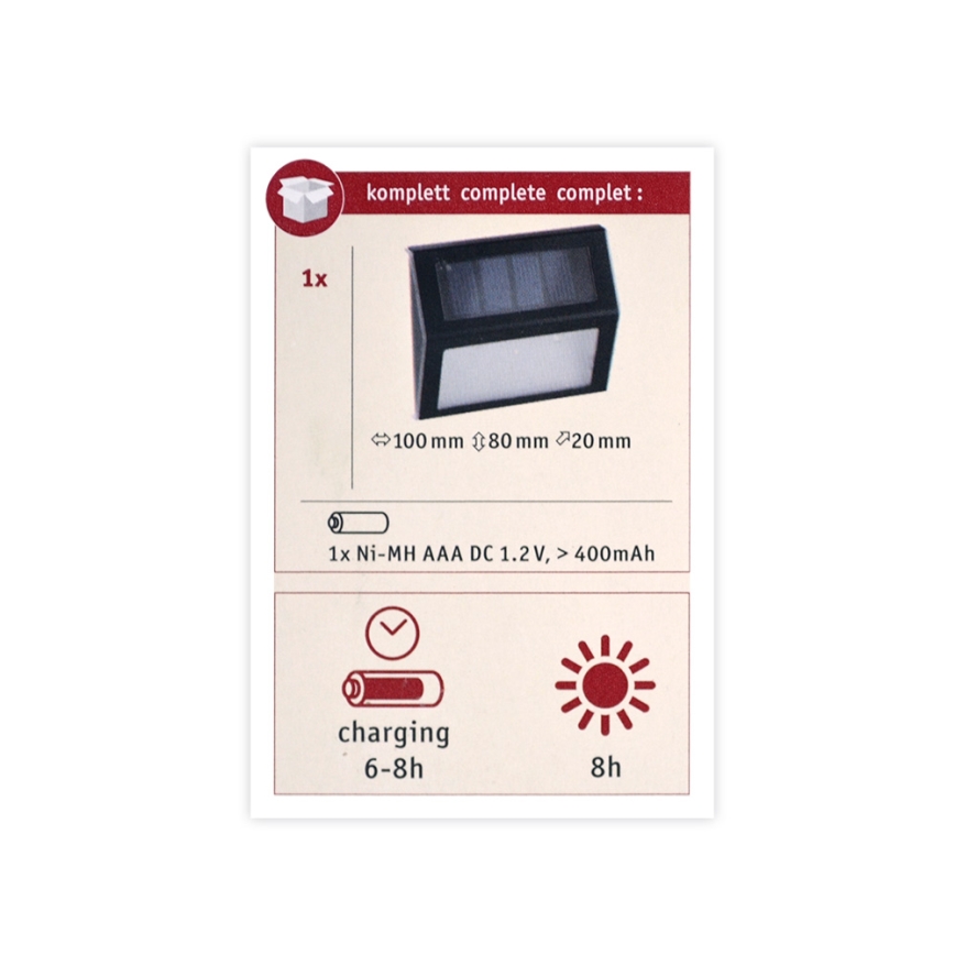 Paulmann 94234 - LED/0,05W IP44 Lauko šviestuvas, įkraunamas saulės energija su jutikliu DAYTON 1,2V 400 mAh