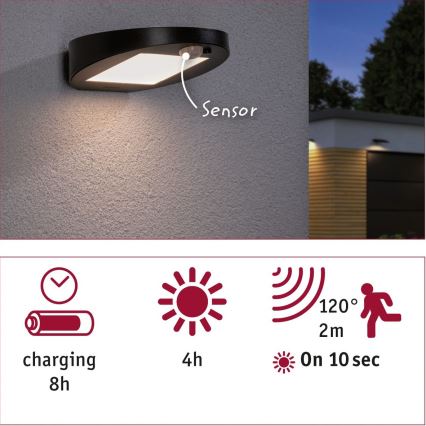 Paulmann 94246 - LED/1,2W IP44 Lauko šviestuvas, įkraunamas saulės energija su jutikliu RYSE 3,7V 1800 mAh
