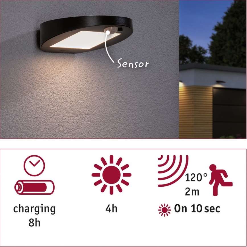 Paulmann 94246 - LED/1,2W IP44 Lauko šviestuvas, įkraunamas saulės energija su jutikliu RYSE 3,7V 1800 mAh