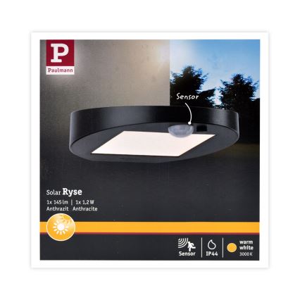Paulmann 94246 - LED/1,2W IP44 Lauko šviestuvas, įkraunamas saulės energija su jutikliu RYSE 3,7V 1800 mAh