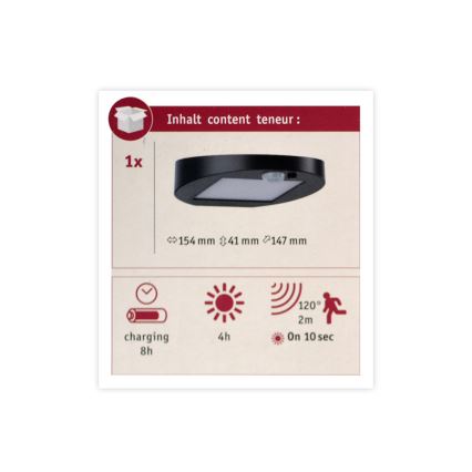Paulmann 94246 - LED/1,2W IP44 Lauko šviestuvas, įkraunamas saulės energija su jutikliu RYSE 3,7V 1800 mAh