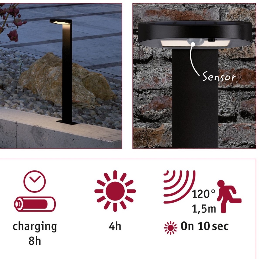Paulmann 94249 - LED/1,2W IP44 Lauko saulės lempa su jutikliu RYSE 3,7V 1800 mAh