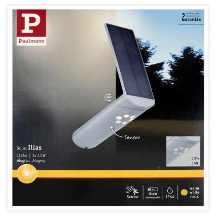 Paulmann 94261 - LED/1,2W IP44 Saulės energijos sieninis šviestuvas su jutikliu ILIAS 3,7V