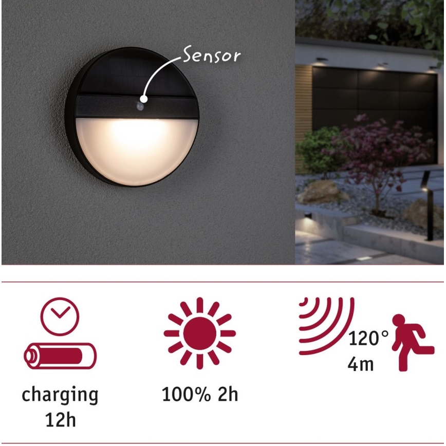 Paulmann 94264 - LED/1W IP44 Lauko saulės energijos šviestuvas su jutikliu ELOISE 3,7V