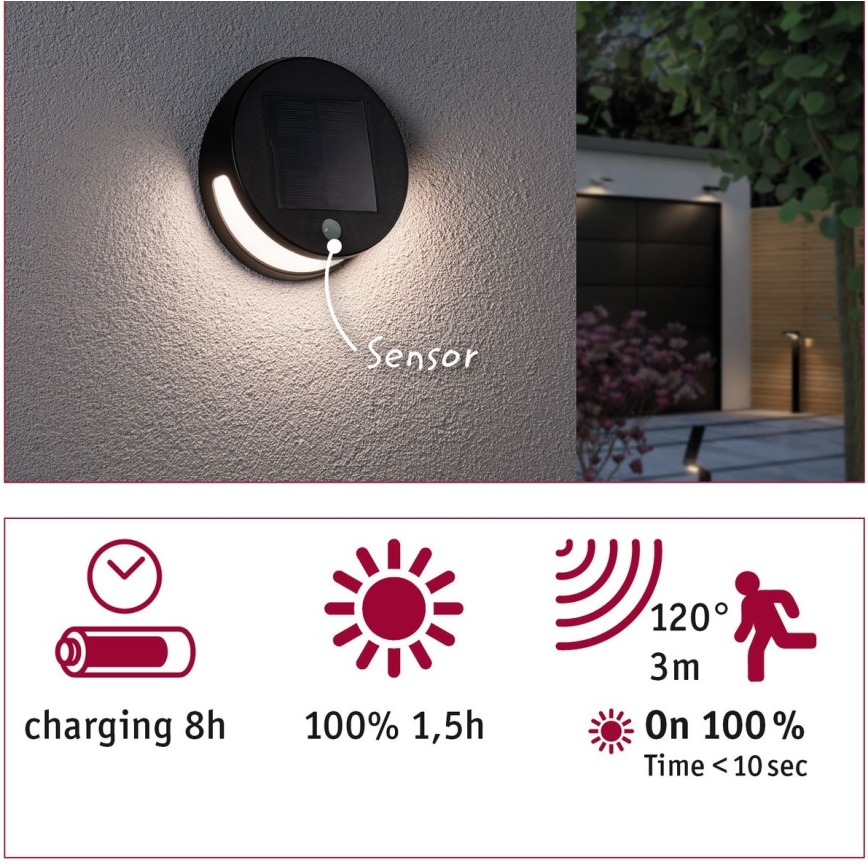 Paulmann 94265 - LED/3W IP44 Lauko šviestuvas, įkraunamas saulės energija su jutikliu HELENA 3,7V 1800 mAh
