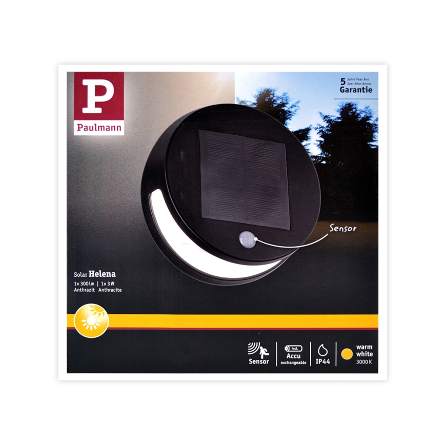Paulmann 94265 - LED/3W IP44 Lauko šviestuvas, įkraunamas saulės energija su jutikliu HELENA 3,7V 1800 mAh
