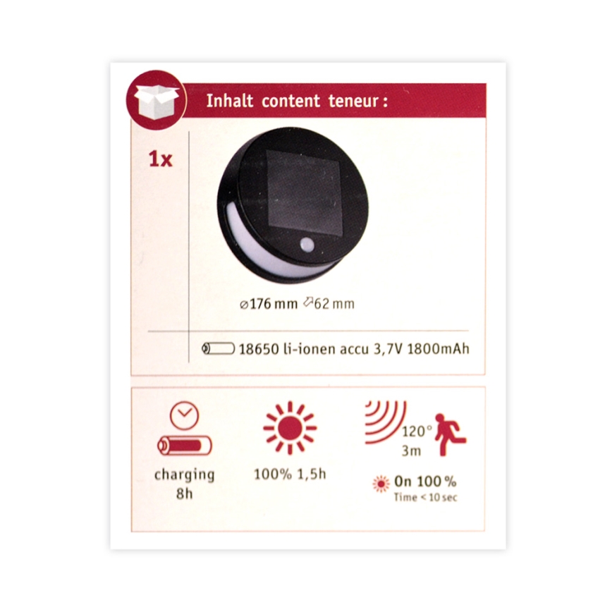 Paulmann 94265 - LED/3W IP44 Lauko šviestuvas, įkraunamas saulės energija su jutikliu HELENA 3,7V 1800 mAh