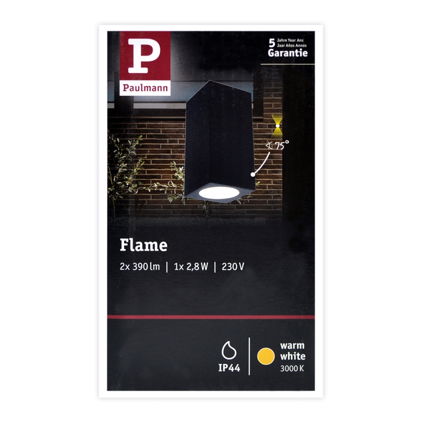 Paulmann 94328 - 2xLED/2,8W IP44 Lauko sieninis šviestuvas FLAME 230V antracitas