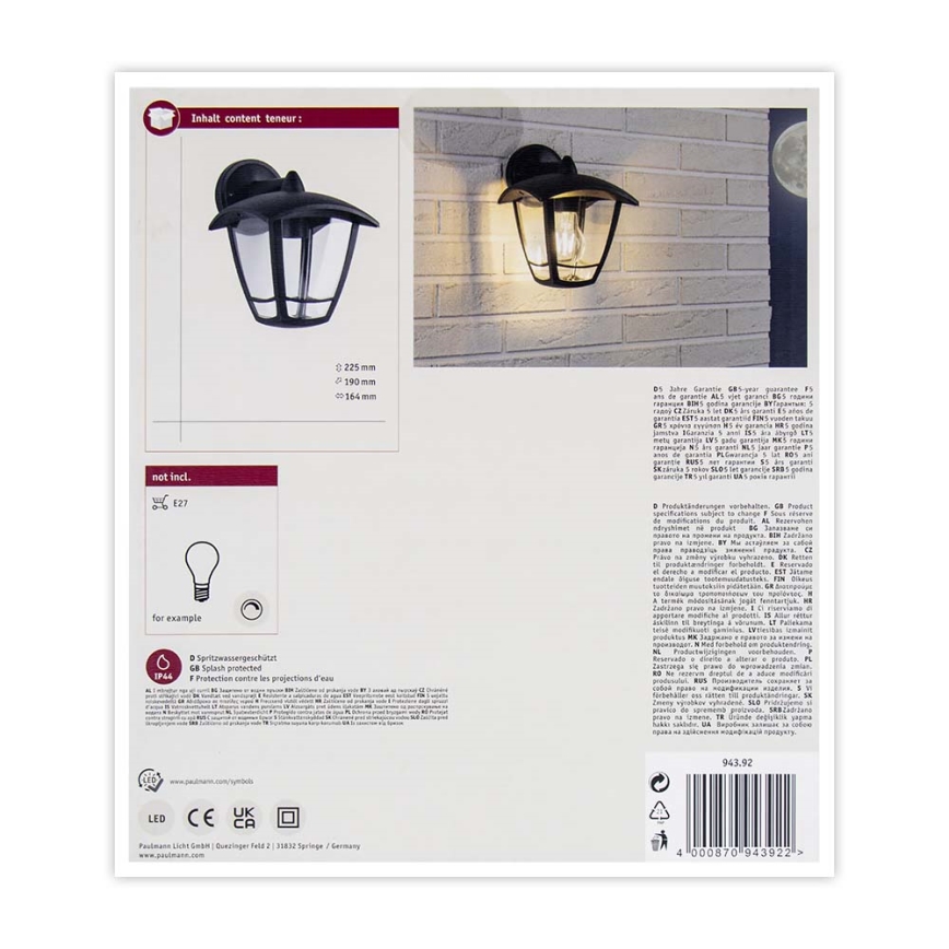 Paulmann 94392 - 1xE27/12W IP44 Sieninis lauko šviestuvas CLASSIC 230V