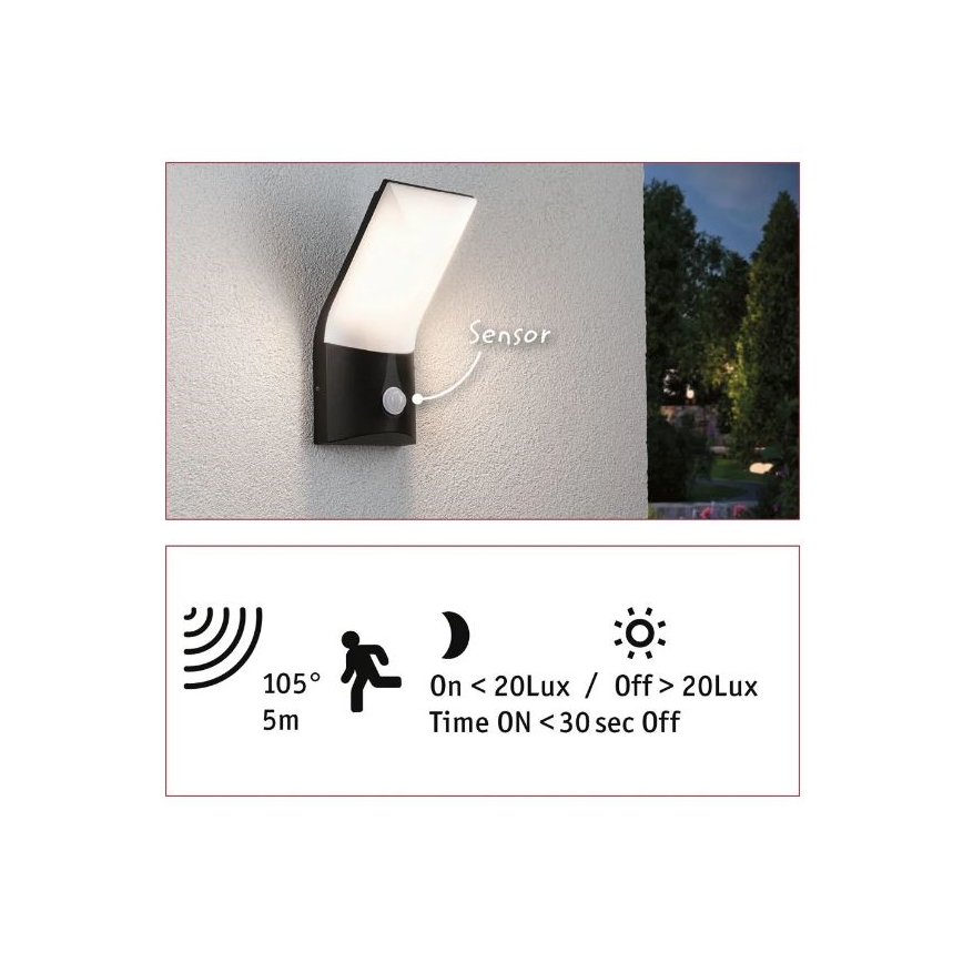 Paulmann 94402 - LED/10W IP44 Lauko sieninis šviestuvas su jutikliu ADYA 230V